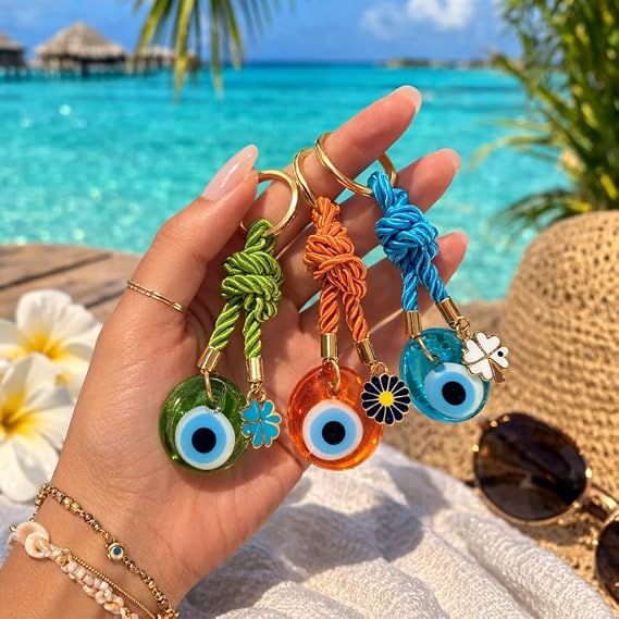 EVIL EYE WITH CHARM KEYCHAIN,Colorful Braided Cord Design with Gold Ring