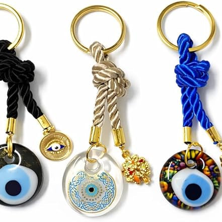 EVIL EYE WITH CHARM KEYCHAIN,Colorful Braided Cord Design with Gold Ring