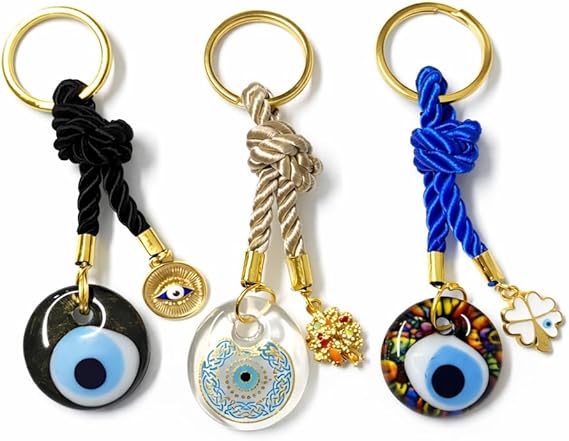 EVIL EYE WITH CHARM KEYCHAIN,Colorful Braided Cord Design with Gold Ring