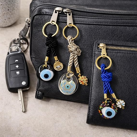 EVIL EYE WITH CHARM KEYCHAIN,Colorful Braided Cord Design with Gold Ring