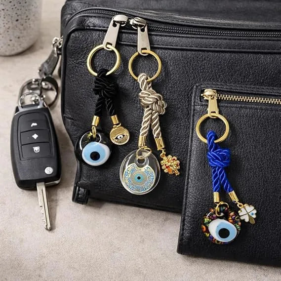 EVIL EYE WITH CHARM KEYCHAIN,Colorful Braided Cord Design with Gold Ring