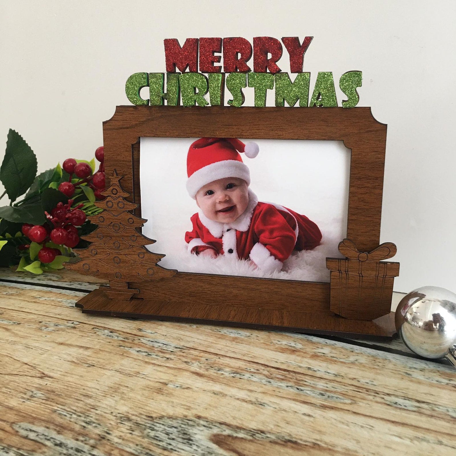 Merry Christmas Photo Frame, Wooden Picture Frame at Christmas