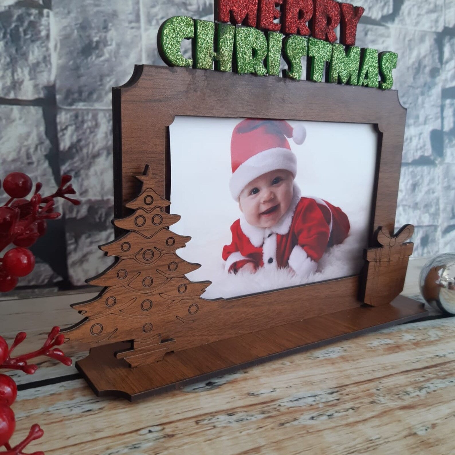 Merry Christmas Photo Frame, Wooden Picture Frame at Christmas