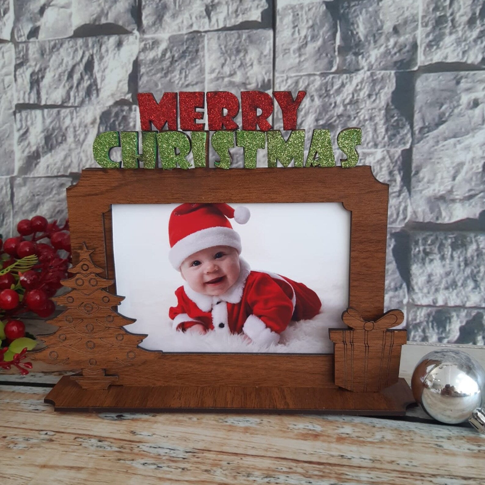 Merry Christmas Photo Frame, Wooden Picture Frame at Christmas