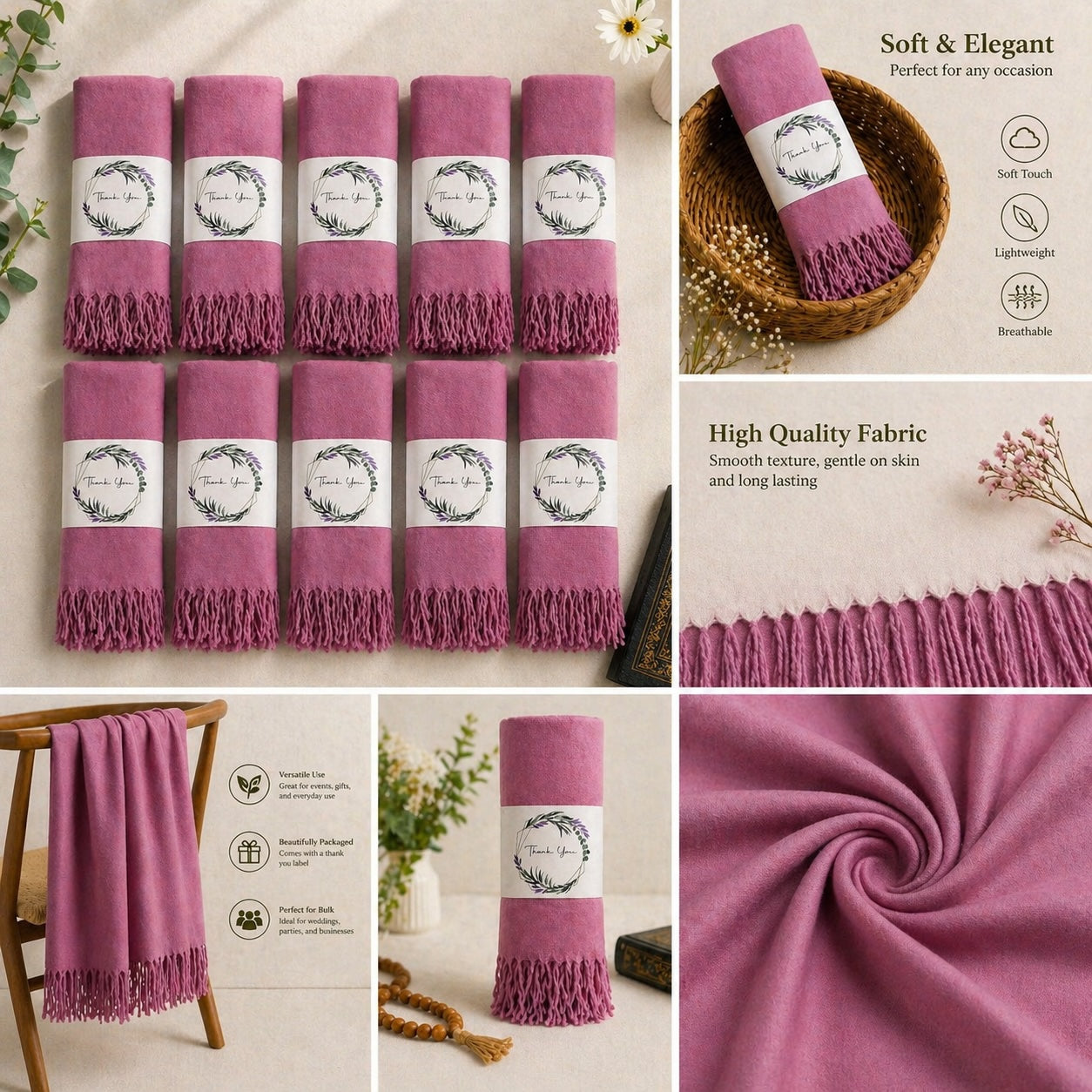 Set of 10 Pashmina Shawls and Wraps in Bulk – Soft Wedding Favors, Bridal Party & Guest Gifts with 'Thank You' Design