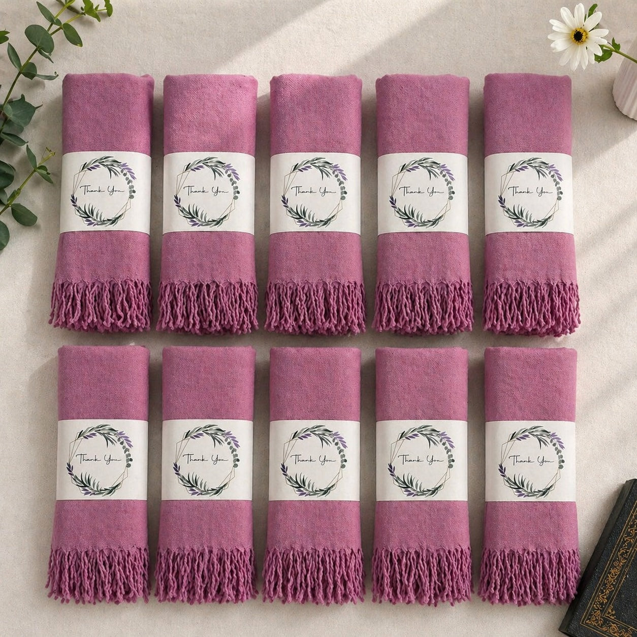 Set of 10 Pashmina Shawls and Wraps in Bulk – Soft Wedding Favors, Bridal Party & Guest Gifts with 'Thank You' Design