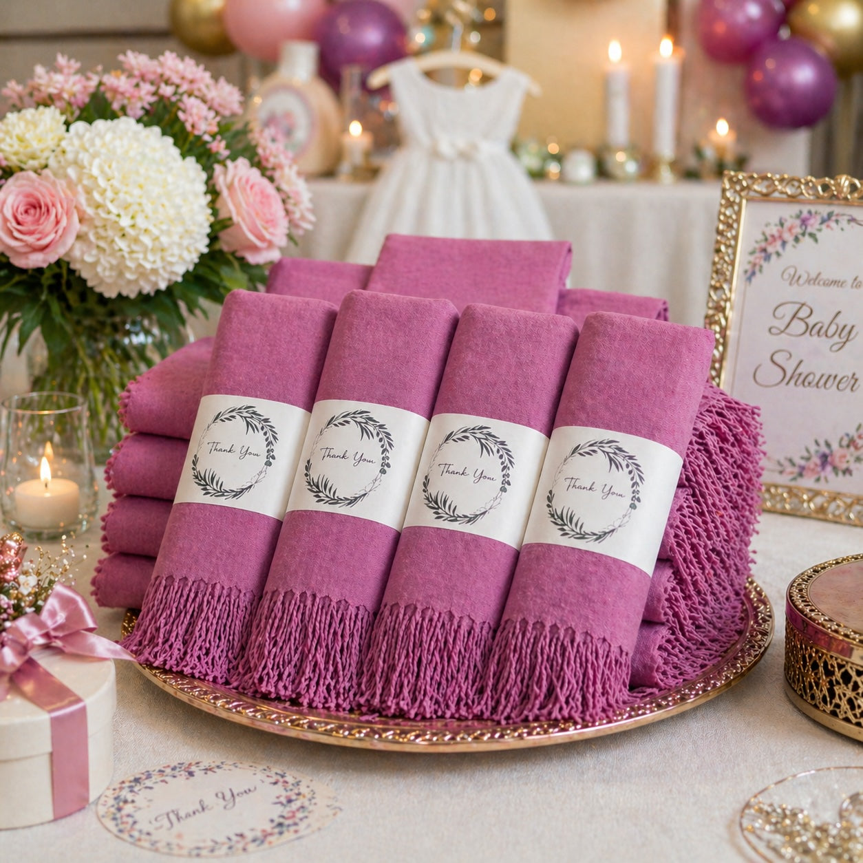 Set of 10 Pashmina Shawls and Wraps in Bulk – Soft Wedding Favors, Bridal Party & Guest Gifts with 'Thank You' Design