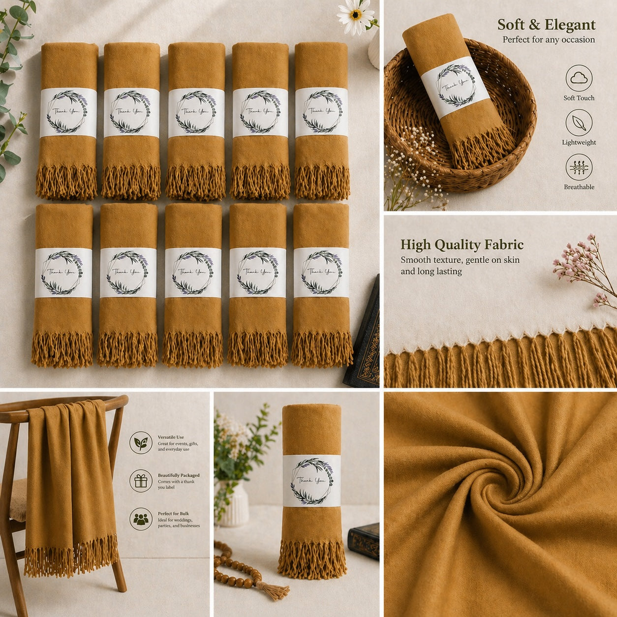 Set of 10 Pashmina Shawls and Wraps in Bulk – Soft Wedding Favors, Bridal Party & Guest Gifts with 'Thank You' Design
