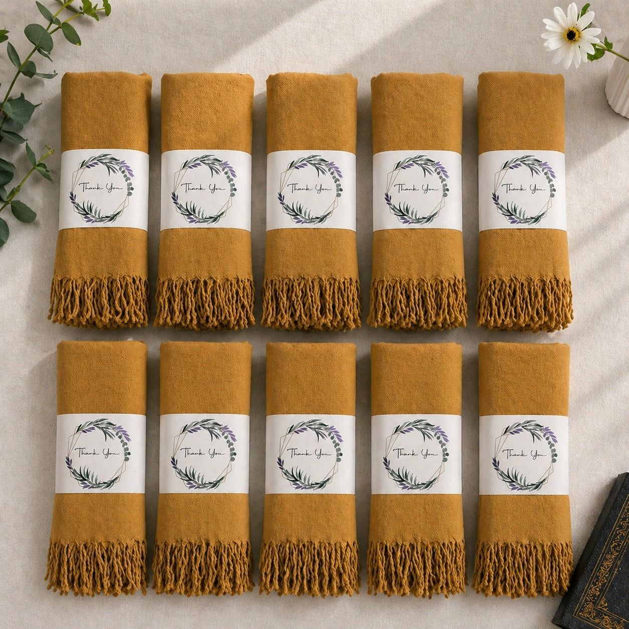 Set of 10 Pashmina Shawls and Wraps in Bulk – Soft Wedding Favors, Bridal Party & Guest Gifts with 'Thank You' Design
