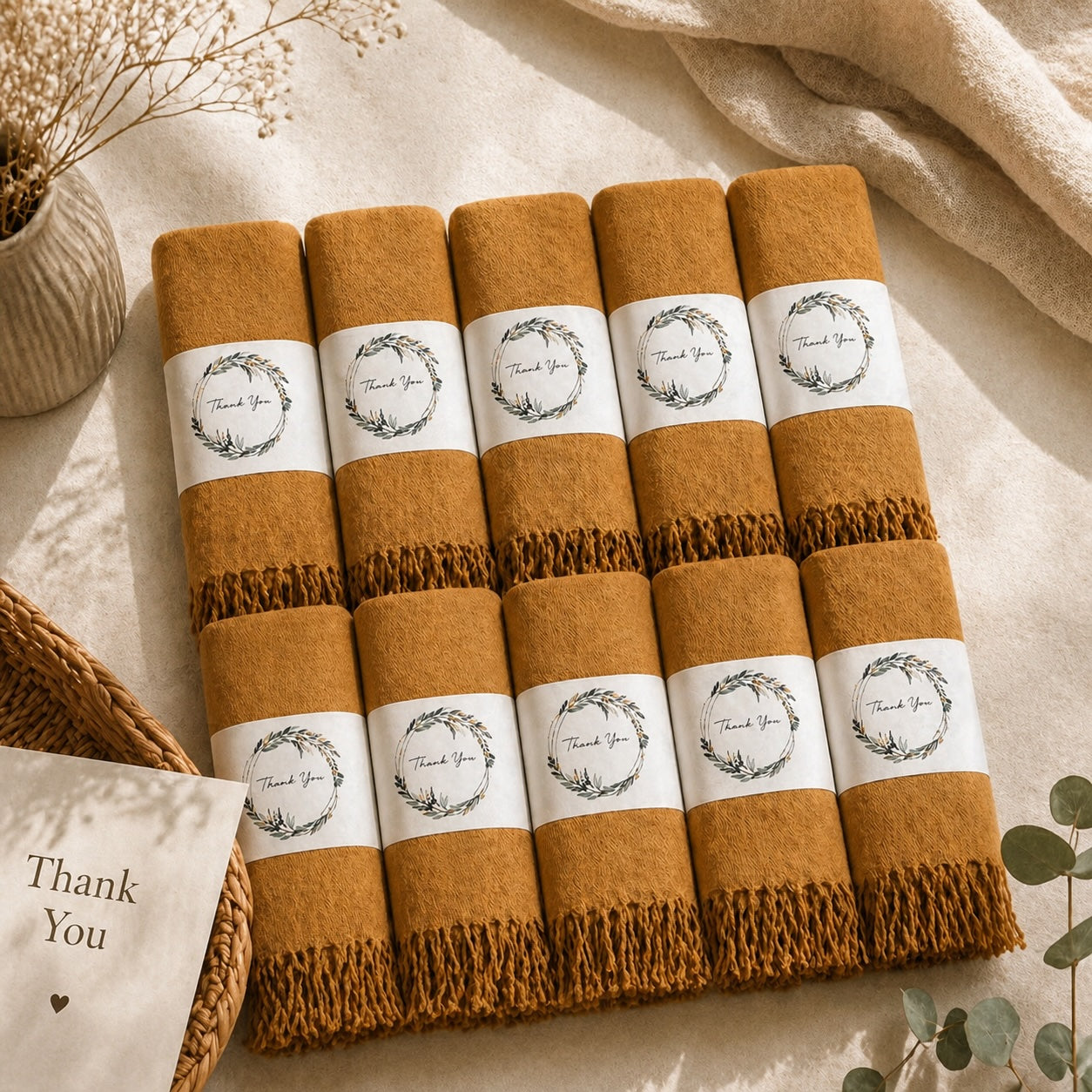 Set of 10 Pashmina Shawls and Wraps in Bulk – Soft Wedding Favors, Bridal Party & Guest Gifts with 'Thank You' Design