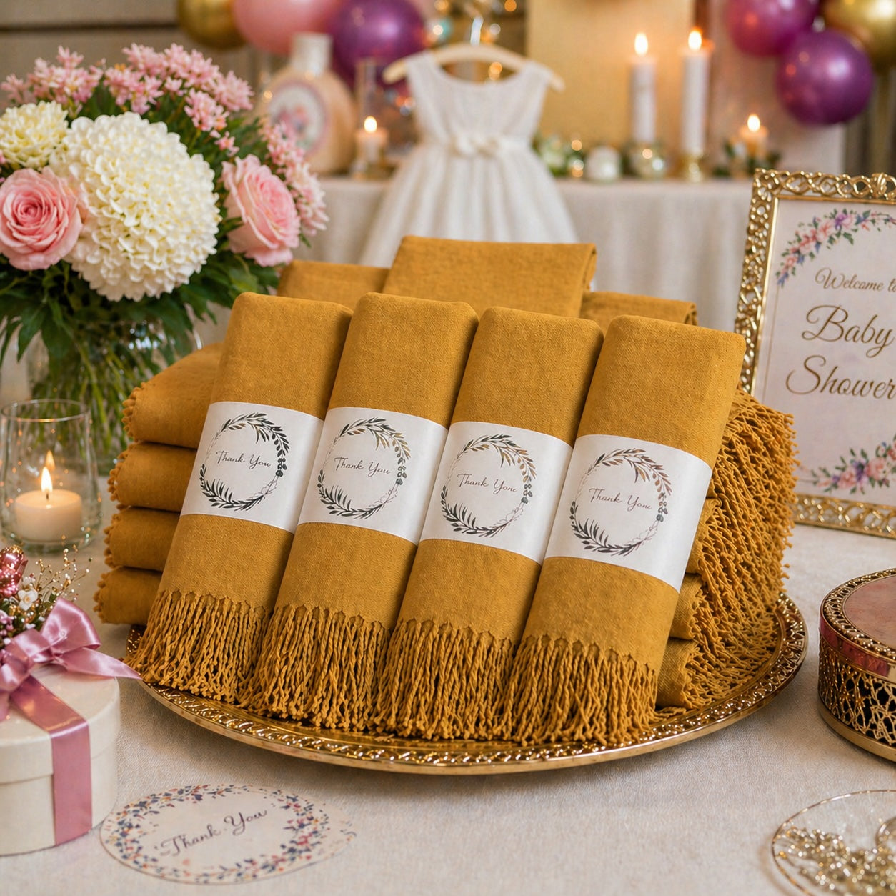 Set of 10 Pashmina Shawls and Wraps in Bulk – Soft Wedding Favors, Bridal Party & Guest Gifts with 'Thank You' Design